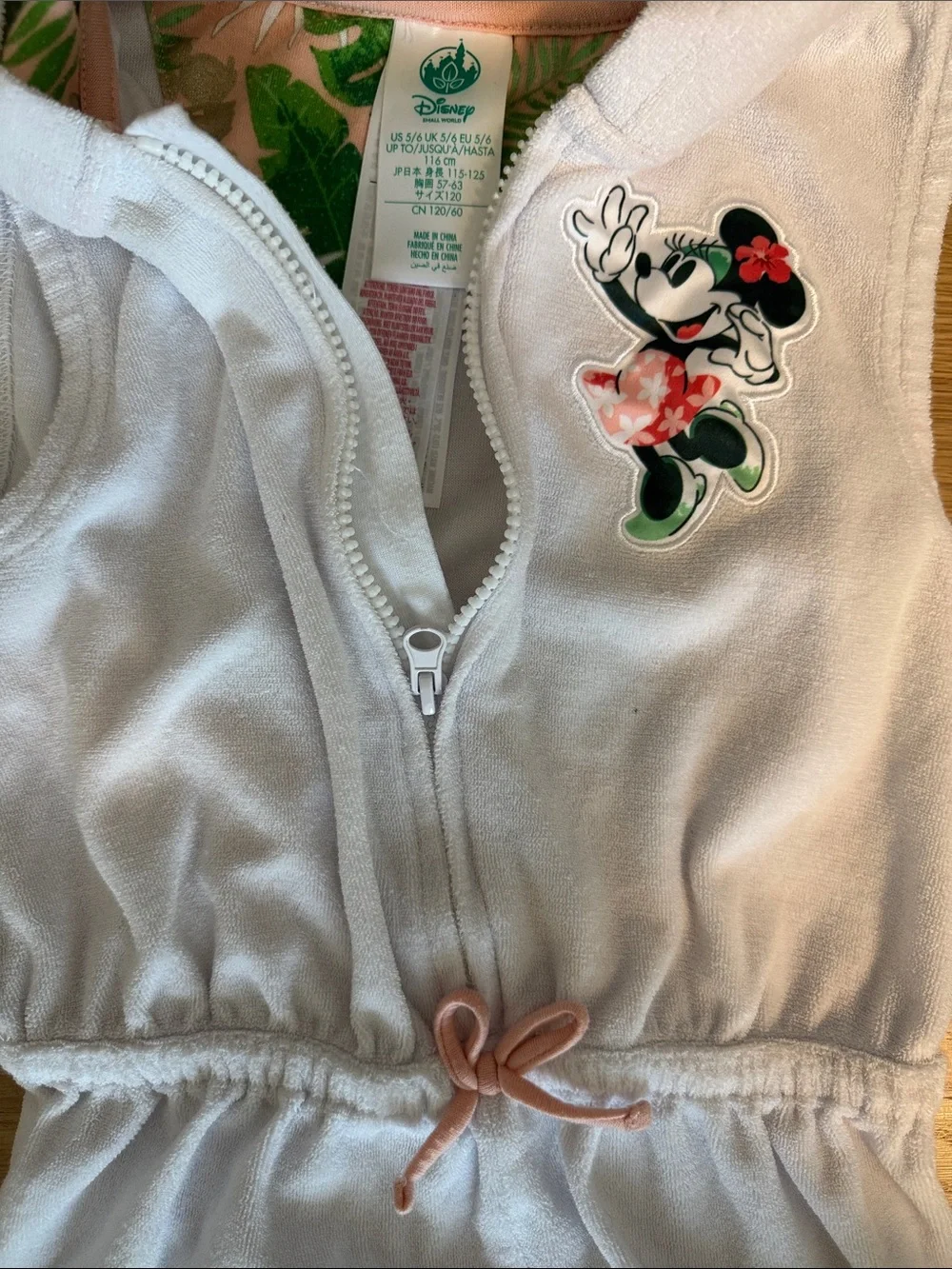 Disney White Hooded Minnie Swim Beach Coverup with Pink and Green Accents